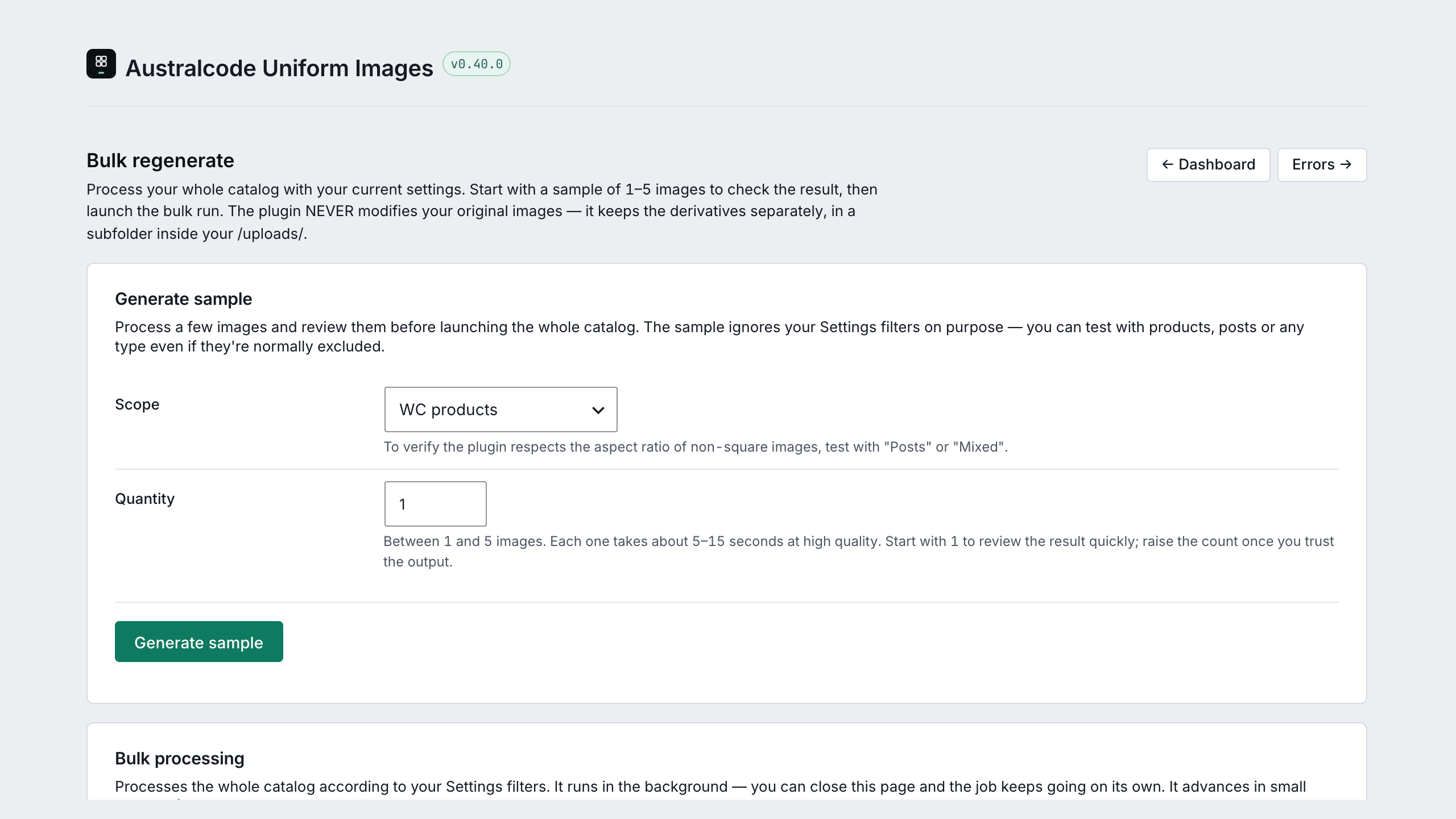 Bulk regenerate: sample test, scope with live count and resumable background processing