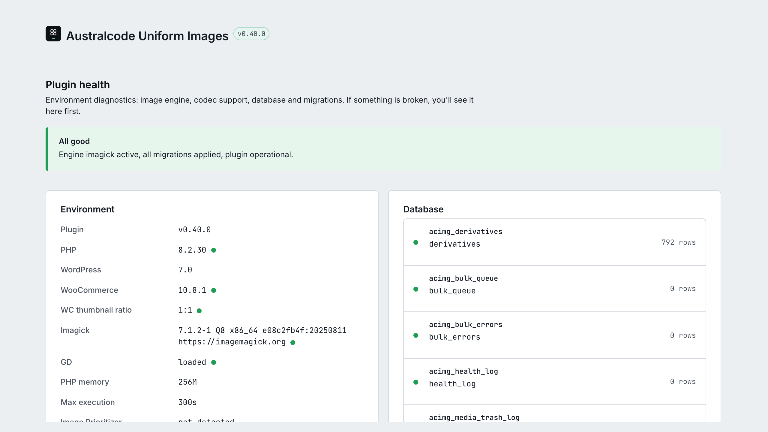 Plugin health: Imagick engine, codec support, database tables, migrations and CDN edge detection