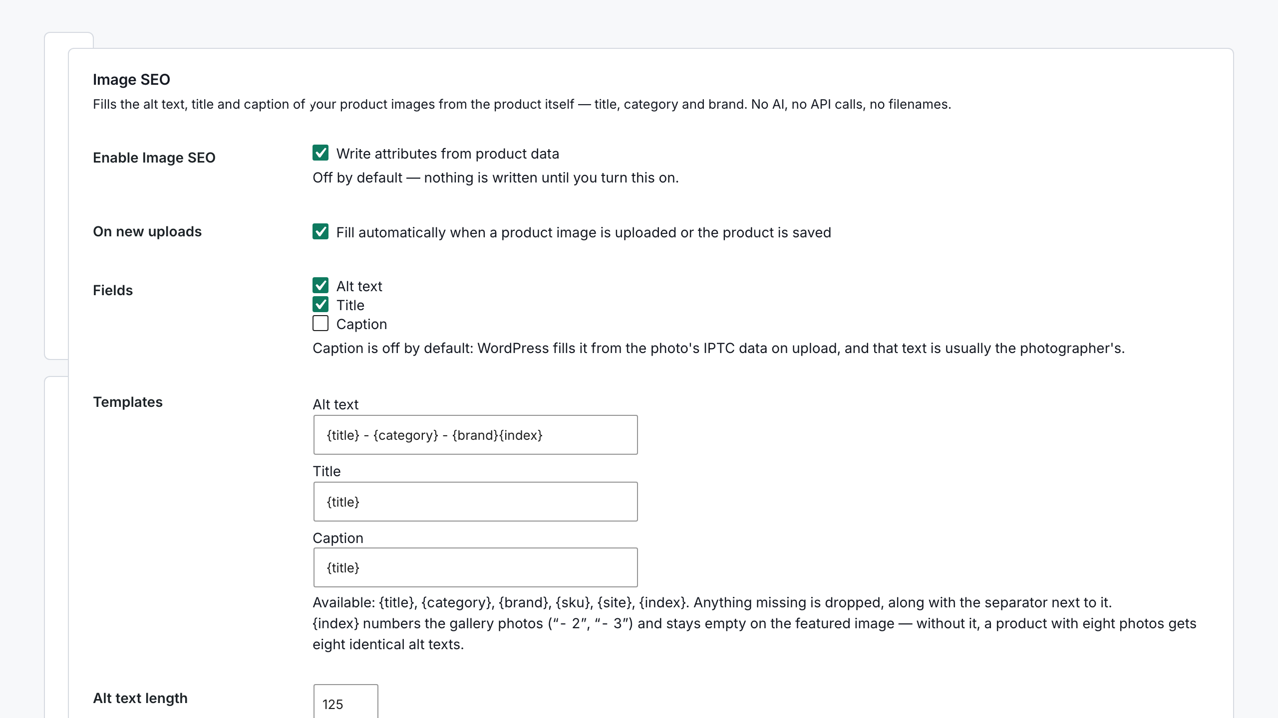 Image SEO settings: alt text, title and caption templates built from WooCommerce product title, category and brand, with the bulk backfill Pro card counting how many library images can be filled
