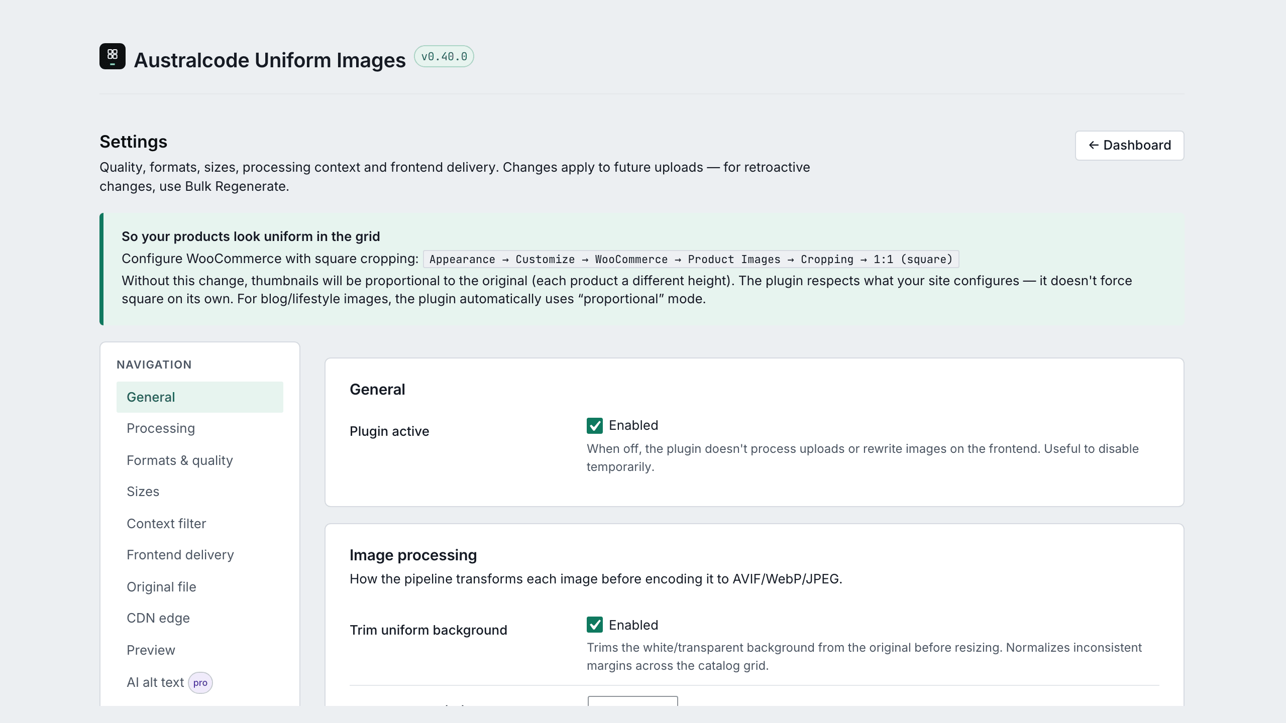 Settings: square-cropping guidance, processing toggles, trim tolerance and canvas controls with inline recommendations